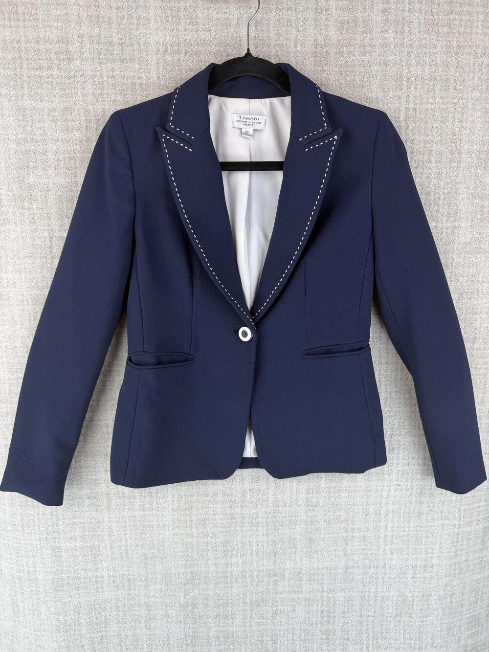 Tahari Blazer Womens 0P Blue Short Collared Lined Embroidered Button Crepe